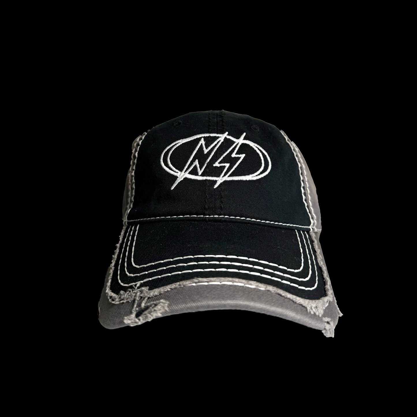 CONTRAST STITCH DISTRESSED CAP [BLK]