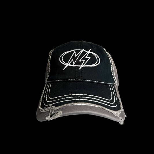 CONTRAST STITCH DISTRESSED CAP [BLK]